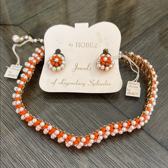 Vintage Hobe Orange and White Beaded Necklace and Clip Earring Set with Tags - Picture 1 of 17